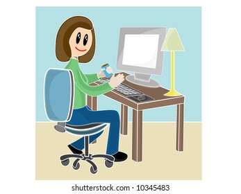 Woman sitting at desk in front of computer desk