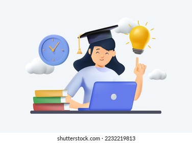 Mujer sentada en el escritorio frente al ordenador portátil con bombilla de ideas, haciendo tareas, pensando en la graduación. Estudio de educación en línea, lluvia de ideas. Ilustración de caracteres de personas vector de representación