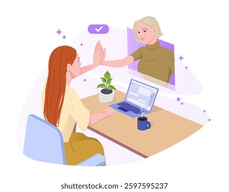 Woman sitting at a desk gives a virtual high-five to a colleague appearing from a laptop screen. Digital communication and teamwork concept. Vector illustration