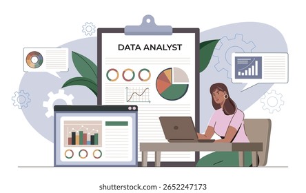 Woman sitting at desk with laptop analyzing data, surrounded by charts and graphs, flat design style, on abstract background with gears and leaves. Vector illustration