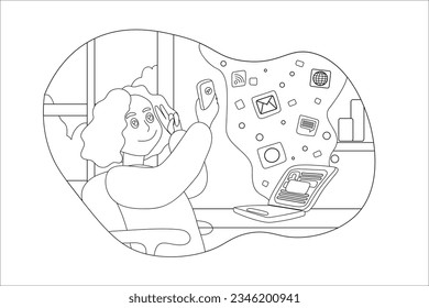 Woman sitting at a desk with a laptop and a cell phone in her hand, from the phone idel bumble with pop-up icons line vector