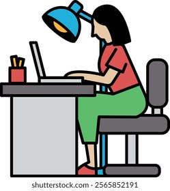 A woman is sitting at a desk with a laptop and a chair. She is typing on the laptop and she is focused on her work. Concept of productivity and concentration