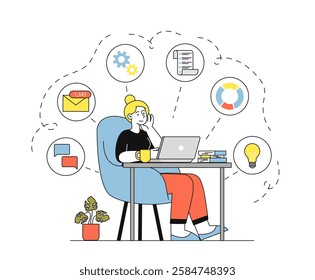 Woman sitting at desk with laptop, coffee, and books, surrounded by digital task icons, on white background. Concept of multitasking and workflow. Vector illustration