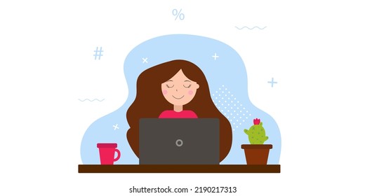 A woman sitting at a desk with a laptop, a cup and a cactus in a flower pot. Vector illustration.