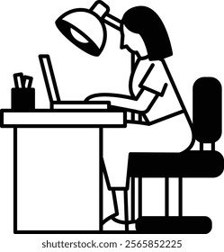 A woman is sitting at a desk with a laptop and a cup. She is typing on the laptop and she is focused on her work. Concept of productivity and concentration