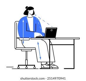 Woman, sitting at a desk with a laptop, demonstrates ideal ergonomic posture. Ideal for workplace safety, health and wellness education, productivity tips, office design, and ergonomics awareness. Sim