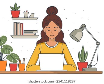 Woman is sitting at a desk with a laptop and a potted plant. She is smiling and she is enjoying her work