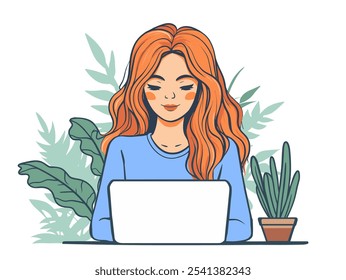 Woman is sitting at a desk with a laptop and a potted plant. She is smiling and she is enjoying her work