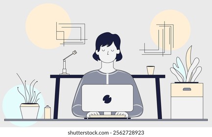 A woman is sitting at a desk with a laptop and a potted plant. She is focused on her work and she is in a calm and relaxed state