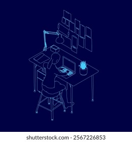 Woman is sitting at a desk with a laptop and a potted plant. The image is in blue and has a modern, minimalist feel