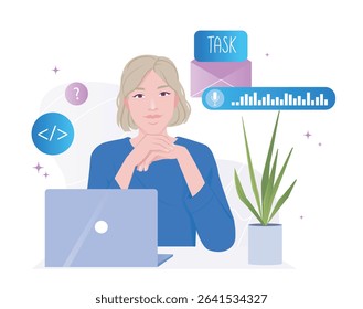 Woman sitting at desk with laptop, surrounded by digital interface icons like code, tasks, and voice assistant, flat style on white background. Concept of modern work. Vector illustration