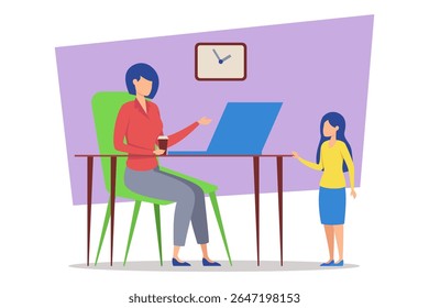 Mulher sentada na mesa com laptop enquanto desfruta de bebida no aconchegante escritório em casa com relógio na parede. Criança ao seu lado, conversando