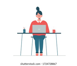 Woman sitting at desk with laptop and working from home. Home office, e-learning, webinar concept. Girl looking for job online. Cute vector illustration in flat style isolated on white background