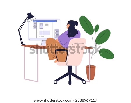 Woman sitting at desk, looking at computer screen, browsing internet, social media. Female at table, PC, view from back, behind. Home office. Flat vector illustration isolated on white background