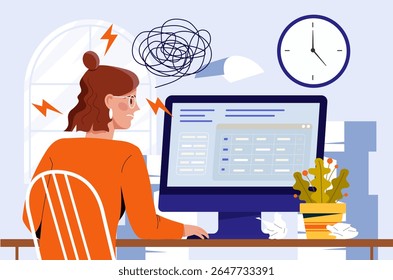 Mulher sentada na mesa olhando confuso na tela do computador, estilo gráfico plano, fundo de escritório interior, conceito de estresse de trabalho e pressão de tempo. Ilustração vetorial