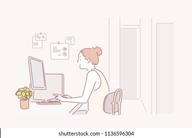 A woman sitting at a desk and looking at a monitor. hand drawn style vector design illustrations.