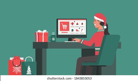 Woman sitting at the desk and making the order on a computer screen at her office on the Christmas holiday, online shopping or winter sale concept, flat vector illustration
