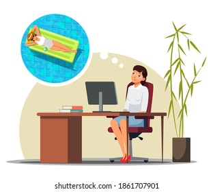 Woman sitting at desk in office, imagine relax on air mattress in hotel. Office staff dreaming of rest at sea resort. Vector character illustration of businesswoman wants on vacation, summer travel