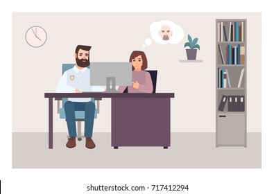 Woman sitting at desk with policeman, looking at computer screen and trying to identify criminal using photo. Crime victim at police station. Flat cartoon characters. Colorful vector illustration.