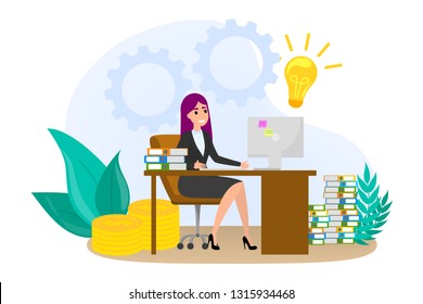 Woman sitting at the desk in suit. Girl with business idea. Employee at workplace. Isolated flat vector illustration