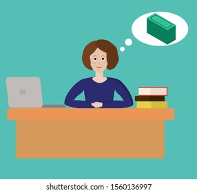 Woman sitting at the desk thinking about money, salary raise, promotion. Salary. Office. Secretary. 