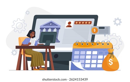 Mulher sentada na mesa usando o computador para o banco online, com interface bancária, calendário e ícones de saco de dinheiro ao redor, no fundo branco. Conceito de financiamento digital. Ilustração vetorial