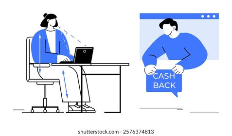 Woman sitting at a desk using a laptop in an online shopping scenario. Nearby, a male figure offers cashback rewards. Ideal for online shopping, cashback programs, e-commerce, digital transactions