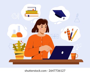 Woman sitting at desk using laptop, surrounded by educational icons like books, lab flasks, and art tools on a light background. Concept of online learning. Vector illustration