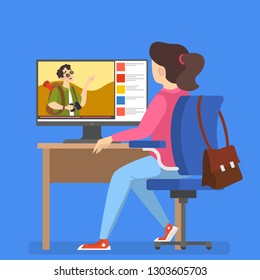 Woman sitting at desk and watch video blogger on the computer. Female person listen to the internet celebrity. Isolated vector illustration in cartoon style