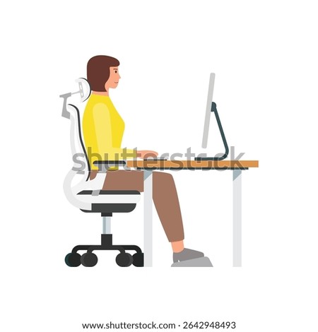 Woman sitting at desk and working with a computer. Vector illustration