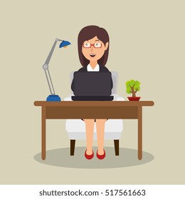woman sitting desk working laptop office