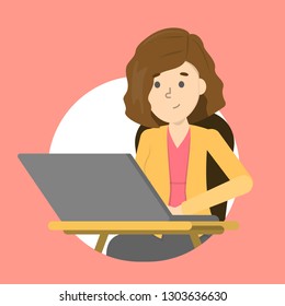 Woman sitting at the desk and working on the laptop computer. Office character, employee or worker. Vector illustration in cartoon style