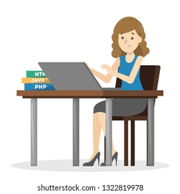 Woman sitting at the desk and working on the laptop computer. Office character, employee or worker. Vector illustration in cartoon style