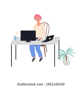 Woman sitting at the desk and working on computer. Freelance designer occupation. Isolated vector illustration in cartoon style