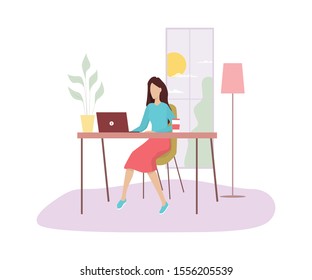 Woman in sitting at the desk and working on the computer. Professional office worker at the workplace. Vector illustration in cartoon style