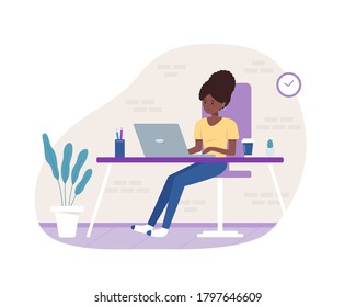 Woman sitting at the desk and working on laptop. Freelance, remote work, home office concept design. Vector illustration isolated on white background in flat style