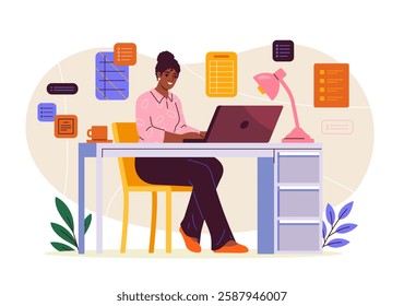 Woman sitting at a desk, working on a laptop in an office setting with floating task icons around. Modern, colorful style on a light background. Productivity concept. Vector illustration