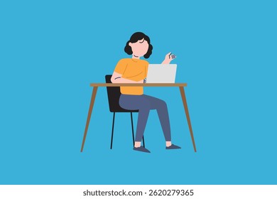 Woman sitting at desk working on laptop, concept of remote work, freelance, or online learning