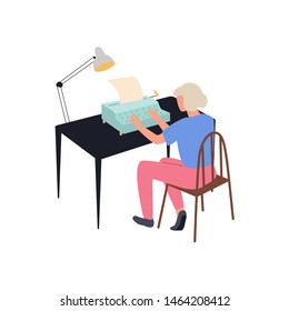 Woman sitting at the desk and writing script on the typewriter. Idea of journalism and blogging. Young creative writer. Isolated vector illustration in flat style