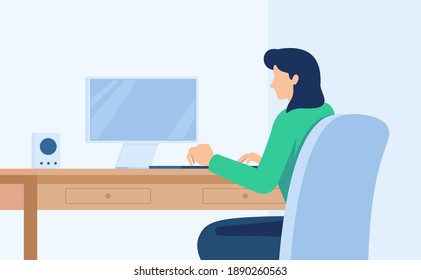 Woman sitting at desktop and communicating with laptop. Female worker in headset working with computer wireless device. Professional employee back with with pc on workplace