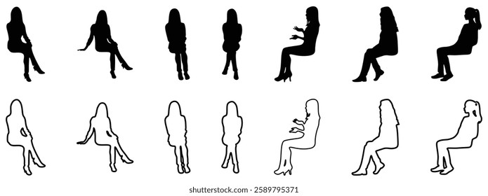 Woman sitting in different poses silhouette vector illustration isolated on white background