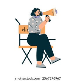 Woman Sitting at Director Chair with Megaphone at Shooting Film Movie Production Scene Vector Illustration