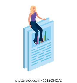 woman sitting in document with infographic vector illustration design
