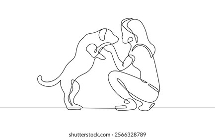 Woman Sitting with Dog Continuous Line Drawing. Woman and Dog One Line Vector Illustration. Minimal Trendy Contemporary Design for Wall Art, Prints, Social Media, Posters, Branding. Not AI