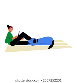 Woman Sitting With Dog In Flat Vector Illustration Symbolizing Relaxation, Companionship, And Leisure Time, Isolated On White Background.
