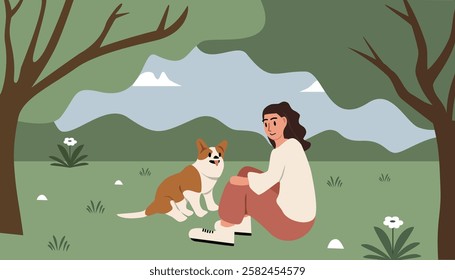 Woman sitting with the dog in the park. Woman with corgi dog. Cartoon illustration. Woman with the pet. Spring season. Summer time. 