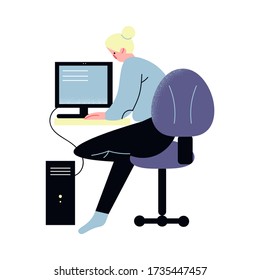 Woman sitting and doing computer work in office vector illustration, rear view