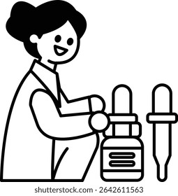 A woman is sitting down and holding a bottle of medicine. She is smiling and she is happy