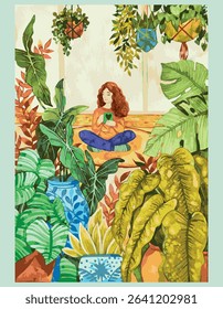 A woman sitting down holding a cup surrounded by her plants, a composition of a calm and relaxing illustration. 