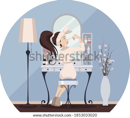 Woman sitting at the dressing table and using makeup. Vector illustration in flat cartoon style